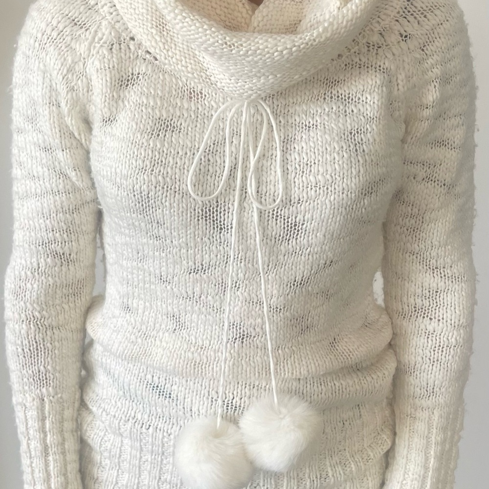 Bebe Ivory Cowl Neck Sweater w/Pom Pom Embellishments